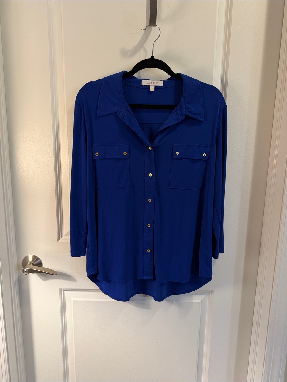 Ellen Tracy Cobalt Blue Button-Front Pocket Blouse